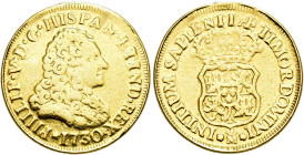 FELIPEV. 2 escudos. 1730. Madrid. AU 6,66 g. 22,7 mm. VI-1439; AC-1862. Estuvo colgada. Soldadura en canto. BC.