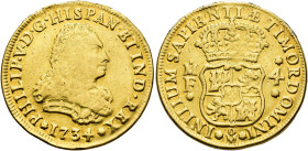 FELIPE V. 4 escudos. 1734. México. MF. AU 13,18 g. 30,99 mm. VI-1573; AC-2036. Estuvo colgada. Soldaduras en canto. BC+/MBC-.