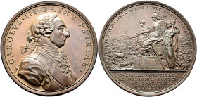 CARLOS III. Medalla. 1774. Colonización de Sierra Morena. Grabador de anv. Prieto y de rev. J.A. Gil. AE 75,7 g. 55,5 mm. Vives-46. SC.