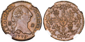 CARLOS III. 2 maravedís. 1775/4. Segovia. VE. VI-31; AC-37. Encapsulada NGC-MS 62 BN. EBC-. 

Lote no sujeto a tasas de exportación