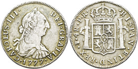 CARLOS III. 4 reales. 1777. Potosí. PR. AR 13,47 g. 33,02 mm. VI-802; AC-935. Porosidades. MBC-.