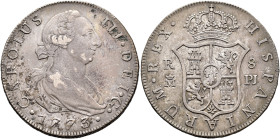 CARLOS III. 8 reales. 1773. Madrid. PJ. AR 26,5 g. 39,67 mm. VI-910; AC-1063. Erosiones en anv. MBC-/MBC. 

Lote no sujeto a tasas de exportación