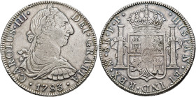 CARLOS III. 8 reales. 1783. México. FF. AR 27 g. 38,85 mm. VI-946; AC-1124. Acuñación floja en rev. MBC.