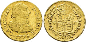 CARLOS III. 1/2 escudo. 1778. Madrid. PJ. AU 1,8 g. 14,43 mm. VI-1059; AC-1267. Pequeño vano en rev. MBC/MBC+.