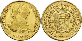 CARLOS III. 2 escudos. 1776. Madrid. PJ. AU 6,7 g. 22,26 mm. VI-1288; AC-1552. Golpecito en gráfila. MBC-/MBC.