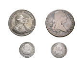 CARLOS IV. Lote de 4 piezas: medalla 1789 Soria; 8 mrs. 1805 Segovia; 1/2 real 1797 y 1799 México. BC+/MBC.