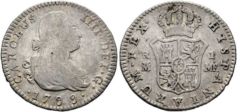 CARLOS IV. Real. 1799. Madrid. MF. AR 2,88 g. 21,05 mm. VI-356; AC-418. BC+.