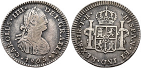 CARLOS IV. Real. 1805. México. TH. AR 3,31 g. 21,21 mm. VI-382; AC-291. Rayas en anv. MBC-/MBC.
