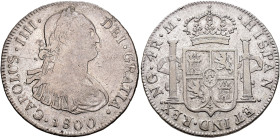 CARLOS IV. 4 reales. 1800. Nueva Guatemala. M. AR 13,29 g. 33,51 mm. VI-615; AC-741. Golpecitos en anv. MBC-. Escasa.