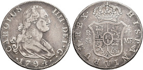 CARLOS IV. 4 reales. 1794. Madrid. MF. AR 13,36 g. 31,83 mm. VI-651; AC-780. Pequeñas marcas. MBC-.