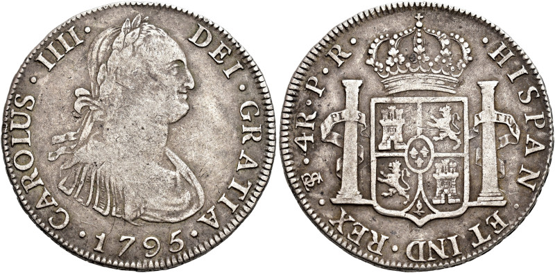 CARLOS IV. 4 reales. 1795. Potosí. PR. AR 13,42 g. 33,8 mm. VI-689; AC-829. Pequ...