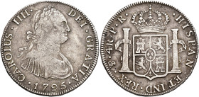 CARLOS IV. 4 reales. 1795. Potosí. PR. AR 13,42 g. 33,8 mm. VI-689; AC-829. Pequeñas marcas. MBC-.