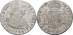 CARLOS IV. 8 reales. 1795. Lima. IJ. AR 26,65 g. 40,1 mm. VI-757; AC-912. Pequeñas marcas. R.B.O. MBC+.