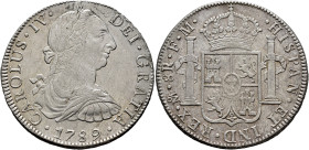 CARLOS IV. 8 reales. 1789. México. FM. AR 26,89 g. 39,04 mm. VI-784; AC-950. Rayitas. R.B.O. MBC+.
