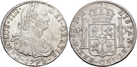 CARLOS IV. 8 reales. 1791. México. FM. AR 26,93 g. 38,47 mm. VI-787; AC-953. R.B.O. MBC/MBC+.