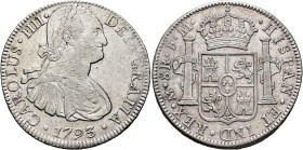 CARLOS IV. 8 reales. 1793. México. FM. AR 26,78 g. 39,61 mm. VI-789; AC-955. Ligera plata agria. R.B.O. MBC+/EBC-.
