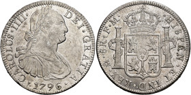 CARLOS IV. 8 reales. 1796. México. FM. AR 26,98 g. 40,13 mm. VI-792; AC-959. Rayitas. B.O. EBC.