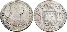 CARLOS IV. 8 reales. 1801. México. FM. AR 26,9 g. 39,98 mm. VI-797; AC-970. Pequeñas marcas. MBC+. Escasa.