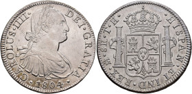CARLOS IV. 8 reales. 1804. México. TH. AR 26,91 g. 40,15 mm. VI-802; AC-978. Limpiada. Pequeñas marcas. MBC+/EBC.