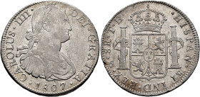CARLOS IV. 8 reales. 1807. México. TH. AR 26,99 g. 39,96 mm. VI-805; AC-986. Pequeñas marcas. B.O. EBC-/MBC+.
