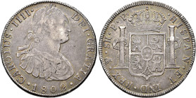 CARLOS IV. 8 reales. 1802. Potosí. PP. AR 26,82 g. 40,2 mm. VI-822; AC-1006. Leve plata agria. Pátina gris. MBC-.