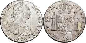 CARLOS IV. 8 reales. 1806. Potosí. PJ. AR 27,03 g. 39,01 mm. VI-826; AC-1012. Pequeñas marcas. Acuñación floja en rev. EBC-.