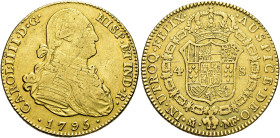 CARLOS IV. 4 escudos. 1795. Madrid. MF. AU 13,5 g. 29,37 mm. VI-1198; AC-1478. Golpecitos en anv. y rayas en anv. y rev. MBC-/MBC.