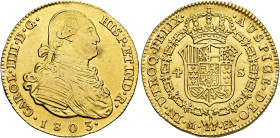 CARLOS IV. 4 escudos. 1803. Madrid. FA. AU 13,45 g. 29,38 mm. VI-1201; AC-1482. Estuvo colgada. MBC/MBC+.