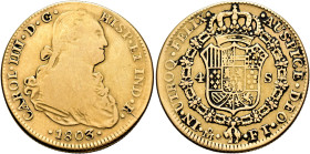 CARLOS IV. 4 escudos. 1803. México. FT. AU 13,09 g. 30,33 mm. VI-1218; AC-1500. Estuvo colgada. BC/BC+. Escasa.