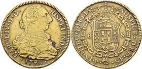 CARLOS IV. 8 escudos. 1790. Popayán. SF. AU 26,98 g. 36,73 mm. VI-1369; AC-1659. Grafito en anv. y pequeñas marcas. MBC.