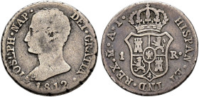 JOSÉ I BONAPARTE. Real. 1812. Madrid. AI. AR 1,45 g. 14,56 mm. VI-6; AC-7. Pequeñas marcas. BC+. Escasa.