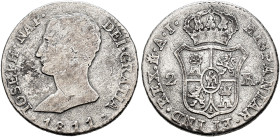 JOSÉ I BONAPARTE. 2 reales. 1811. Madrid. AI. AR 2,81 g. 19,6 mm. VI-8; AC-9. Múltiples rayitas y pequeñas erosiones. BC/BC+. Escasa.