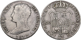 JOSÉ I BONAPARTE. 20 reales. 1812. Madrid. AI. AR 26,5 g. 38,53 mm. VI-35; AC-43. Golpecito en gráfila. BC+/MBC-.