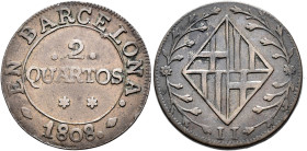 OCUPACIÓN NAPOLEÓNICA DE CATALUÑA. 2 quartos. 1808. CU 4,12 g. 24,17 mm. VI-9; AC-9. MBC. Escasa.