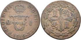 FERNANDO VII. 2/4 de real. 1816. CU 7,16 g. 27,88 mm. VI-78; AC-112. Hojita en rev. MBC/MBC-.