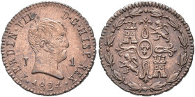 FERNANDO VII. Maravedí. 1824. Jubia. CU 1,32 g. 15 mm. VI-104; AC-124. B.O. EBC-.