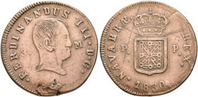 FERNANDO VII. 3 maravedís. 1830. Pamplona. CU 5,86 g. 26,05 mm. VI-161; AC-51. Hoja en anv. y rayas. MBC.