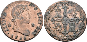 FERNANDO VII. 8 maravedís. 1833. Segovia. CU 11,5 g. 30,05 mm. VI-238; AC-239. Pátina irregular. R.B.O. MBC+.