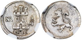 FERNANDO VII. 1/4 real. 1816. Nuevo Reino. AR. VI-284; AC-295. Encapsulada NGC-XF 45. MBC. 

Lote no sujeto a tasas de exportación
