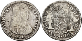 FERNANDO VII. 2 reales. 1816. Zacatecas. A(G). Busto armado. AR 6,02 g. 27,32 mm. VI-813; AC-1004. Erosiones. BC. Rara.