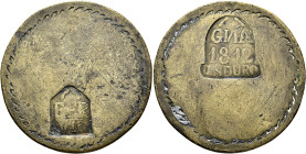 FERNANDO VII. Duro. 1812. Gerona. Latón 25,45 g. 47,19 mm. Dasí, pág. 31, subt. C. Emisión de necesidad. Múltiples rayas. BC+/MBC-.