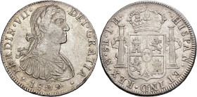 FERNANDO VII. 8 reales. 1809. México. TH. AR 26,86 g. 39,29 mm. VI-1083; AC-1308. Pequeñas marcas. R.B.O. MBC+.