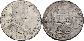 FERNANDO VII. 8 reales. 1809. México. TH. AR 27,01 g. 38,94 mm. VI-1083; AC-1308. Pequeñas marcas y leve vano en rev. B.O. EBC.