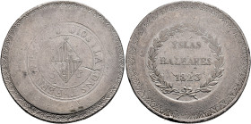 FERNANDO VII. 5 pesetas. 1823. Palma de Mallorca. Y LA CONST. AR 26,99 g. 38,9 mm. VI-1116; AC-1300. Vano en anv. MBC.