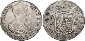 FERNANDO VII. 8 reales. 1808. Sevilla. CN. AR 26,86 g. 40,6 mm. VI-1162; AC-1411. MBC-/MBC.