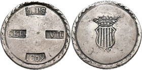FERNANDO VII. 5 pesetas. 1809. Tarragona. AR 26,25 g. 40,68 mm. VI-1179; AC-1429. Pequeñas marcas. MBC.