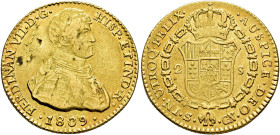 FERNANDO VII. 2 escudos. 1809. Sevilla. CN. Hojas en anv. AU 6,76 g. 22,86 mm. VI-1382; AC-1667. R.B.O. MBC.