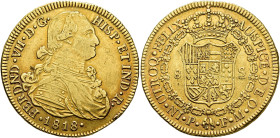 FERNANDO VII. 8 escudos. 1818. Popayán. FM. AU 26,9 g. 37,18 mm. VI-1522; AC-1823. Golpecitos en gráfila y anv. y rayas en rev. MBC.