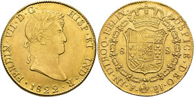 FERNANDO VII. 8 escudos. 1822. Potosí. PJ. AU 27,03 g. 35,4 mm. VI-1529; AC-1826. Leves vano y hojita en rev. R.B.O. MBC/MBC+. Escasa.