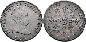 ISABEL II. 8 maravedís. 1836. Segovia. CU 12,08 g. 29,15 mm. VI-87; AC-122. Pequeñas marcas. MBC+. Muy escasa.